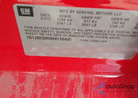 2017 Chevrolet Sonic Lt Auto из США, поврежденный, VIN 1G1JD5SH9H4138495